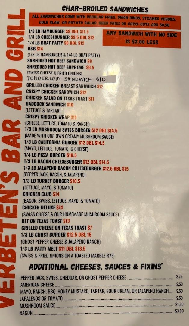 Verbeten's Bar & Grill Menu